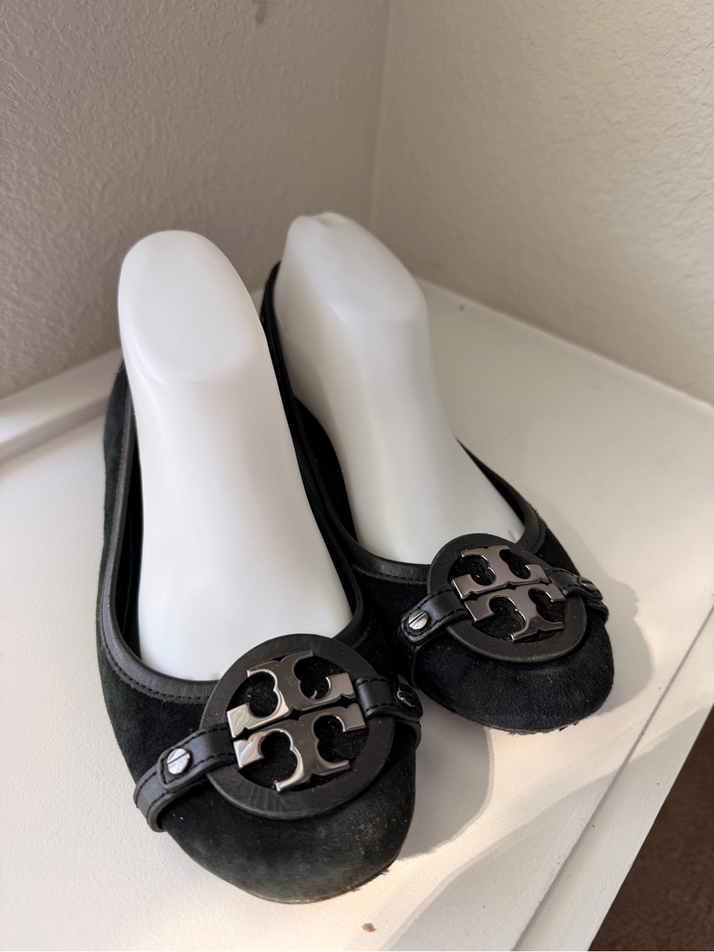 Tory Burch Black Suede Logo Round-Toe Flats